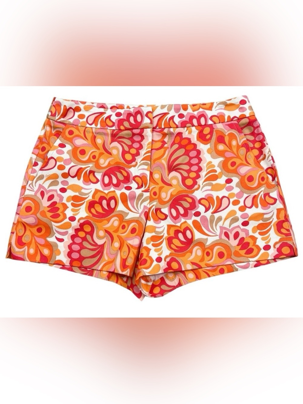 Trina Turk | Rocklin White Orange Pink Print High Waisted Designer Shorts 6